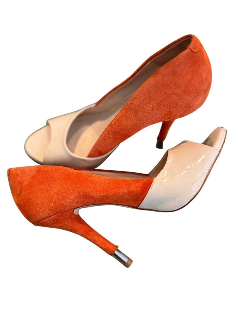 BCBGeneration Two-Tone Orange Suede and Cream Peep-Toe Heels
